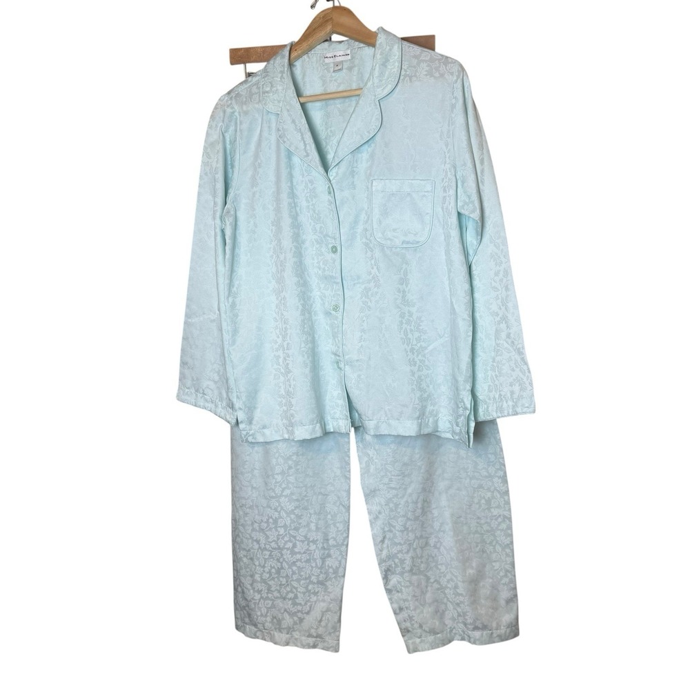 Miss Elaine Pajama Set Womens Medium Light Green Floral Jacquard Classic Satin